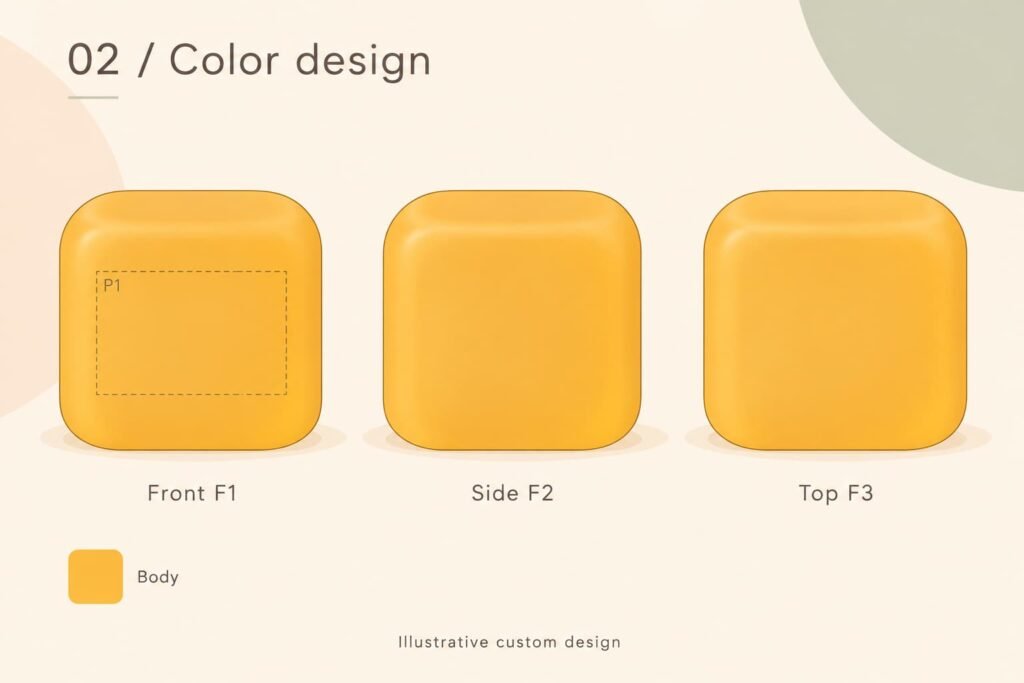 Colored front, side and top views of one amber squishy cube with an empty proposed P1 branding zone