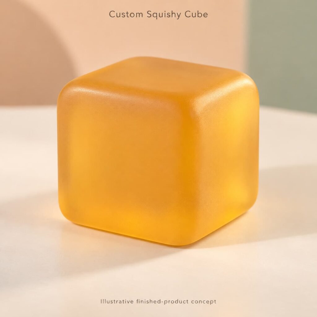 Custom TPR squishy cube concept with rounded corners and a honey-amber softly frosted exterior