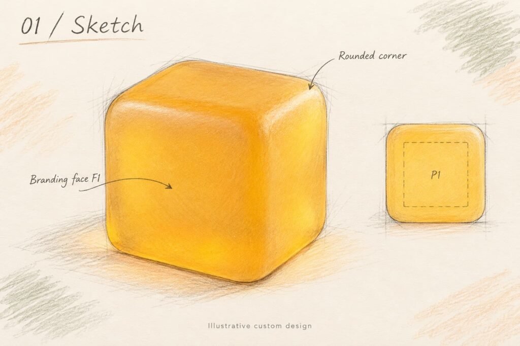 Colored pencil squishy cube sketch identifying a rounded corner, branding face F1 and proposed P1 marking zone