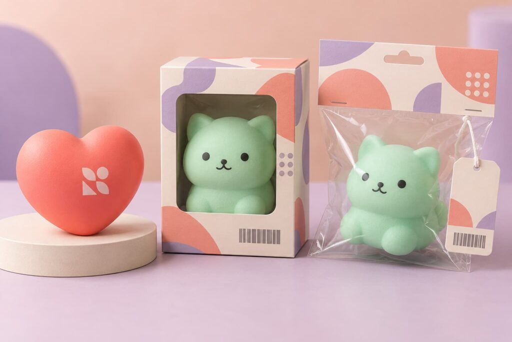 Squishy toy logo imprint area comparison on round, heart and star PU foam shapes
