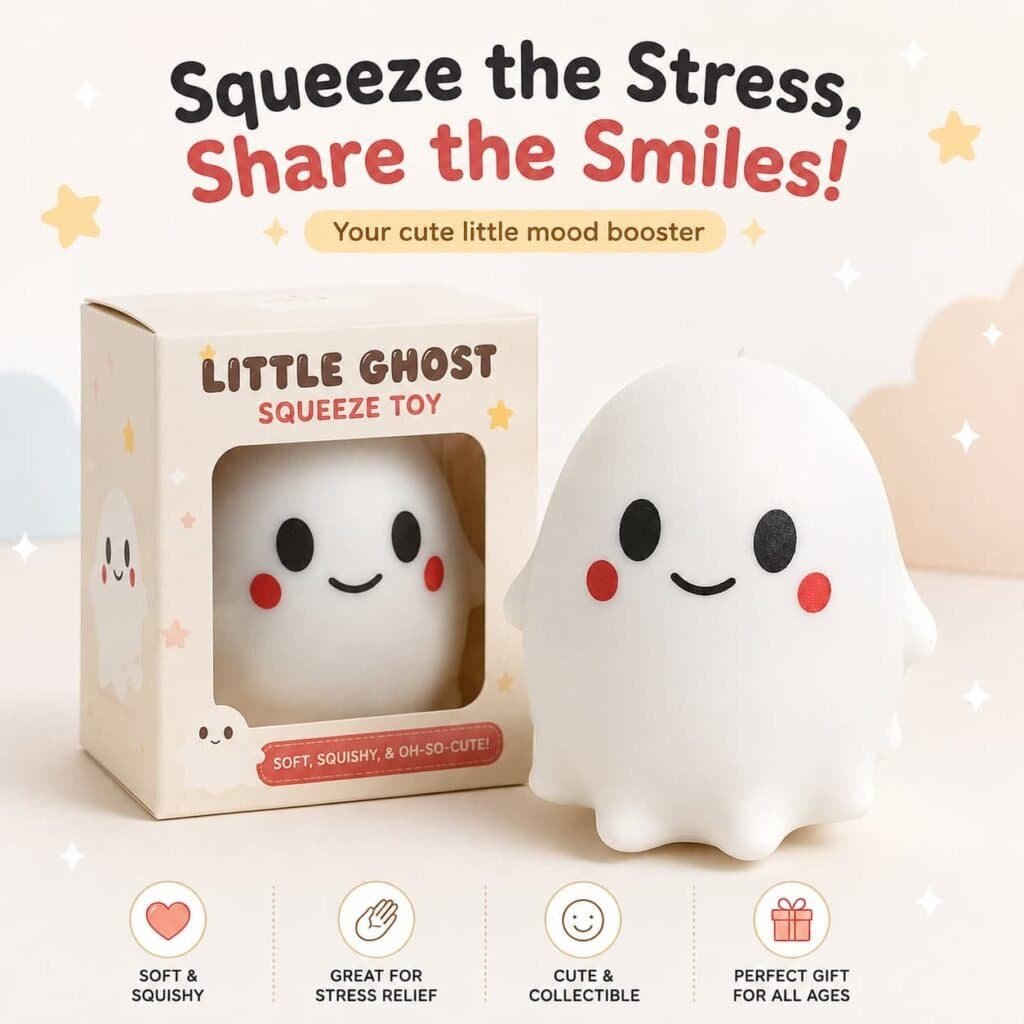 Custom TPR ghost squishy concept with a milky-white rounded body, short arms and a scalloped hem