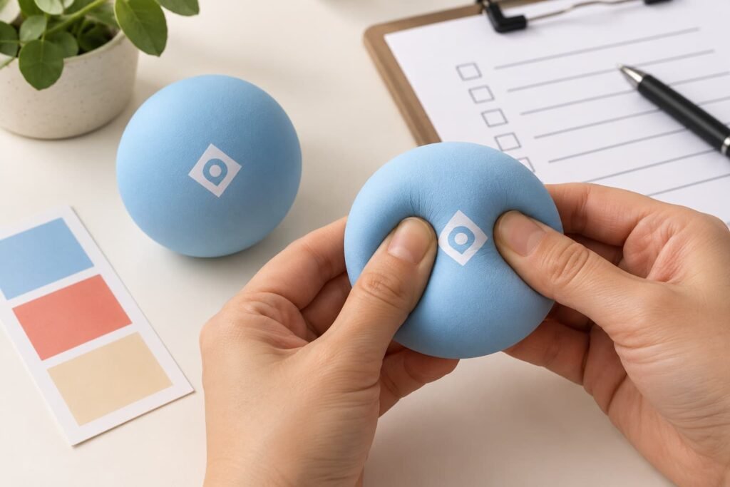 Buyer checking a printed logo area while squeezing a PU foam stress toy sample