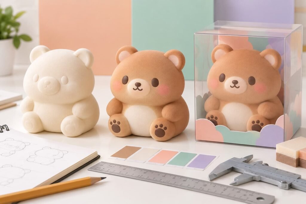 Golden squishy toy sample record with retained samples packaging artwork and display tray